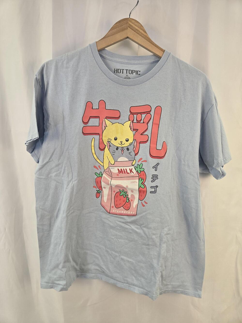 Hot Topic Shirt Mens XL Blue Kawaii Cat Strawberry Milk Anime Cute Graphic Tee